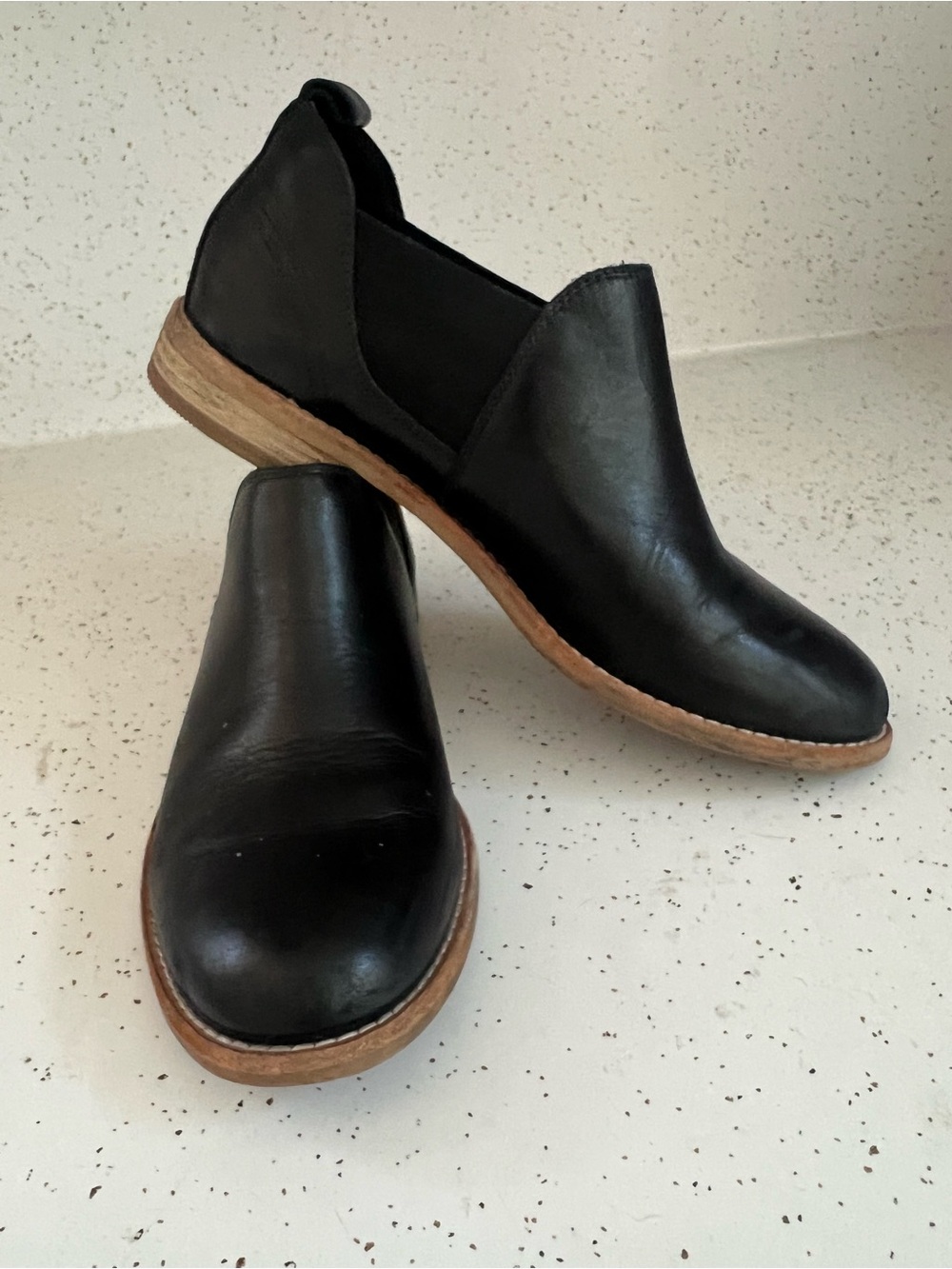 Clark’s Black Leather Slip-On Loafers with Natural Wood-Tone Sole
